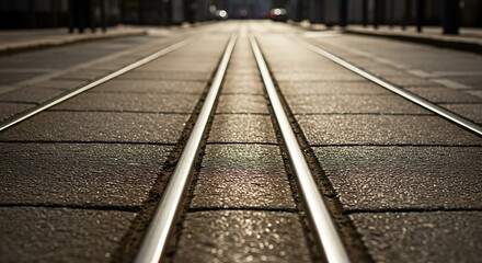 Tram Tracks on a Paved Street.