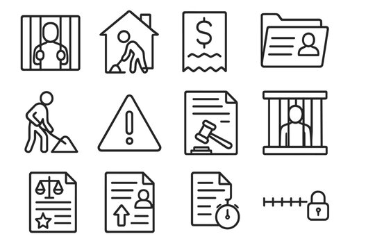 Legal Punishment Icons. Line style icons of legal punishment: imprisonment icon, house arrest icon, fine receipt, probation file,