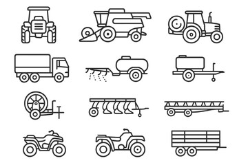 Agricultural Vehicle Icons. Line style icons of agricultural transport: tractor front icon, harvester vehicle, bale loader, grain