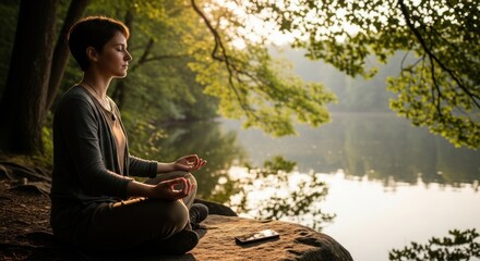 Serene Meditation by Lake: Woman in Lotus Position with Phone on Rock