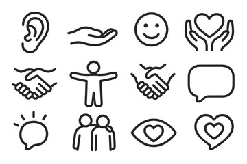Icons of Empathy. Line style icons of empathy and care: listening ear, comfort hand, warm smile, heart support, handshake icon,