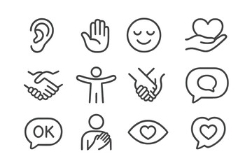 Icons of Empathy. Line style icons of empathy and care: listening ear, comfort hand, warm smile, heart support, handshake icon,