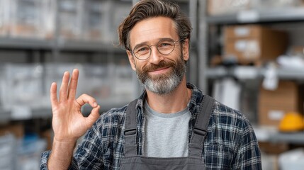 Engineer in data center shows okay sign confidently standing next to server racks in server room with a lighthearted attitude and wearing glasses