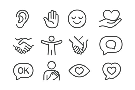 Icons of Empathy. Line style icons of empathy and care: listening ear, comfort hand, warm smile, heart support, handshake icon,