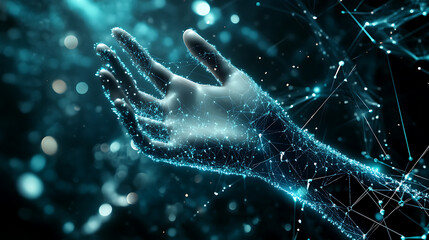 Glowing Hand Interacting with Digital Network
