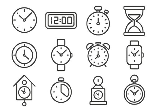 Timepiece Line Icons. Line style icons of clocks and timepieces: analog clock, digital clock, stopwatch icon, hourglass icon, wall