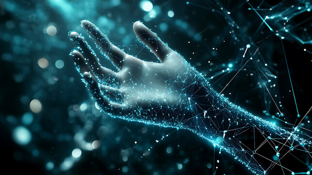 Glowing Hand Interacting with Digital Network