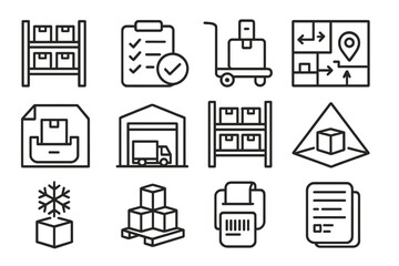 Warehouse Operations Icons. Line style icons of warehouse operations: storage shelves, stock check icon, pallet jack, warehouse