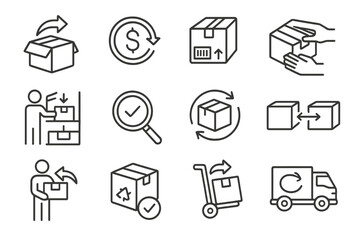 Reverse Logistics Icons. Line style icons of reverse logistics: return box, refund icon, return shipment label, repackage icon,