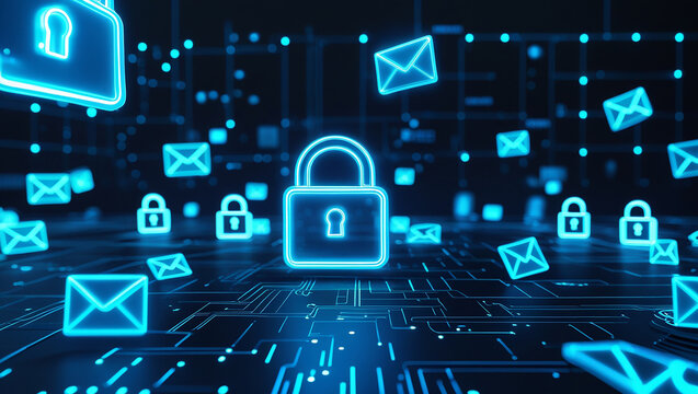 Digital security concept with glowing padlock and email icons floating in a futuristic cyber network