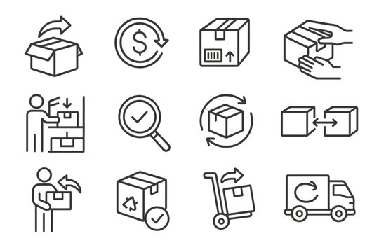 Reverse Logistics Icons. Line style icons of reverse logistics: return box, refund icon, return shipment label, repackage icon,