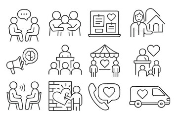 Community Mental Health Icons. Line style icons of community mental health: group therapy icon, peer support group, community