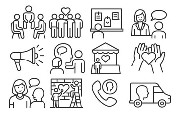 Community Mental Health Icons. Line style icons of community mental health: group therapy icon, peer support group, community
