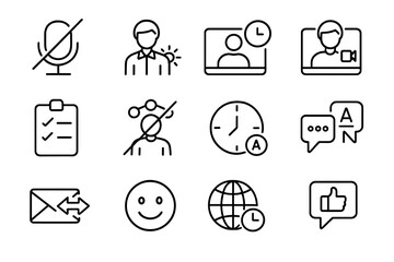 Remote Work Icons. Line style icons of remote work etiquette: mute before speaking icon, clear background icon, scheduled message,