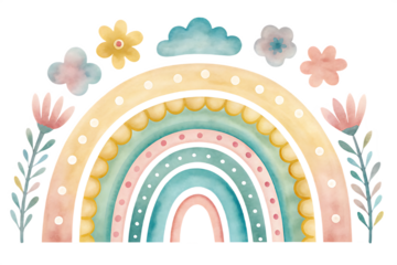 Soft Boho Rainbow with Flowers and Clouds on Transparent Background pastel bohemian isolated on a transparent background