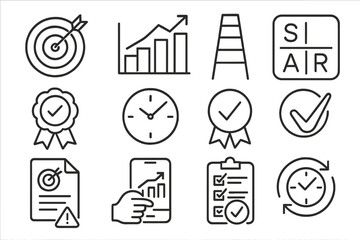 SMART Goals Icons. Line style icons of SMART goals: specific target icon, measurable chart icon, achievable ladder, relevant badge