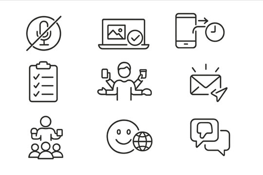 Remote Work Icons. Line style icons of remote work etiquette: mute before speaking icon, clear background icon, scheduled message,