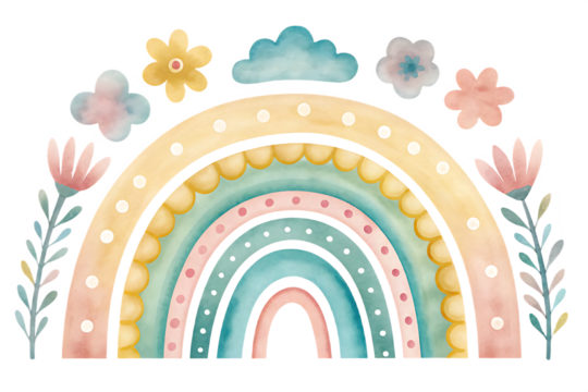 Soft Boho Rainbow with Flowers and Clouds on Transparent Background pastel bohemian isolated on a transparent background
