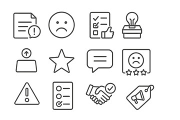 Feedback Icon Collection. Line style icons of feedback and complaints: complaint form icon, unhappy face icon, feedback form icon,