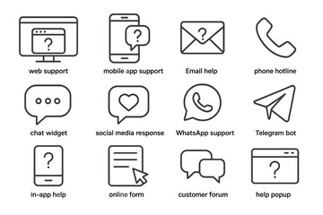 Service Channel Icons. Line style icons of service channels: web support icon, mobile app support, email help icon, phone hotline,