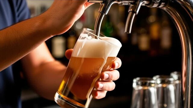 Bartender filling a tall glass with golden beer from a tap, creating a frothy head in a bar setting.