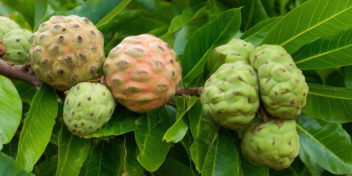 Close-up of noni fruits on a branch with lush green leaves, showcasing nature's bounty.