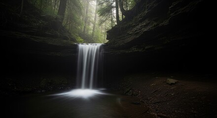 Fototapeta premium Serene waterfall cascading into a dark pool amidst a misty forest landscape