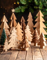 Wooden Christmas trees on a wooden table