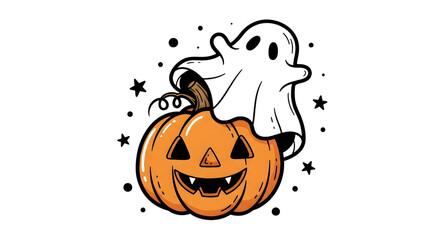 Fototapeta premium A cheerful halloween scene isolated on transparent background, featuring a smiling jackolantern topped with a friendly ghost, surrounded by stars and dots, evoking a festive spirit