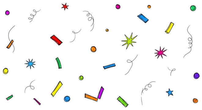 Colorful confetti and streamers scattered on a transparent background, creating a festive and celebratory atmosphere isolated on transparent background