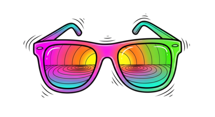 Vibrant sunglasses reflecting a sunset on a transparent background, capturing a summer vibe and colorful aesthetic isolated on transparent background