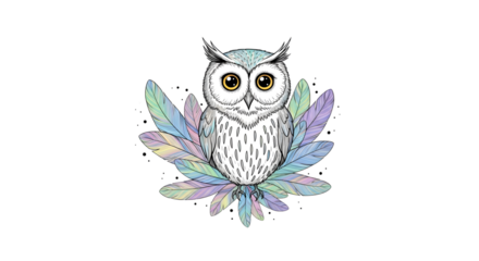 Adorable owl illustration isolated on transparent background, perched on a bed of pastel feathers, its big eyes staring out with curiosity and charm, a whimsical touch of natures beauty