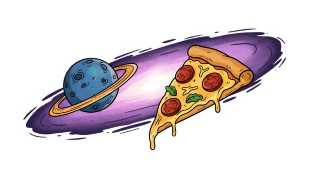 A whimsical illustration of a pizza slice and a planet floating in space isolated on transparent background, blending culinary delight with cosmic wonder, creating a surreal and imaginative scene - Powered by Adobe