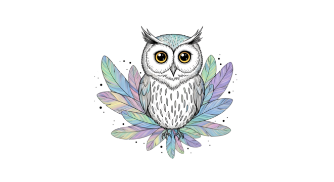 Adorable owl illustration isolated on transparent background, perched on a bed of pastel feathers, its big eyes staring out with curiosity and charm, a whimsical touch of natures beauty