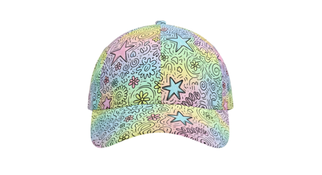 Colorful baseball cap isolated on transparent background, adorned with whimsical doodles, stars, and abstract shapes, a playful accessory that adds a touch of fun to any outfit