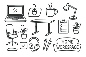 Home Office Icons. Home office setup doodle icon set: hand drawn icons of laptop, mousepad, standing desk, coffee mug, task light,