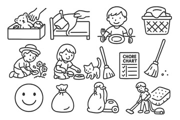 Children's Chores Doodle Icons. Children’s chores doodle icon set: hand drawn icons of toy cleanup, bed making, laundry basket,