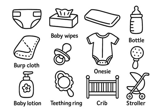 Baby Care Essentials Icons. Baby care doodle icon set: hand drawn icons of diapers, baby wipes, changing pad, bottle, burp cloth,