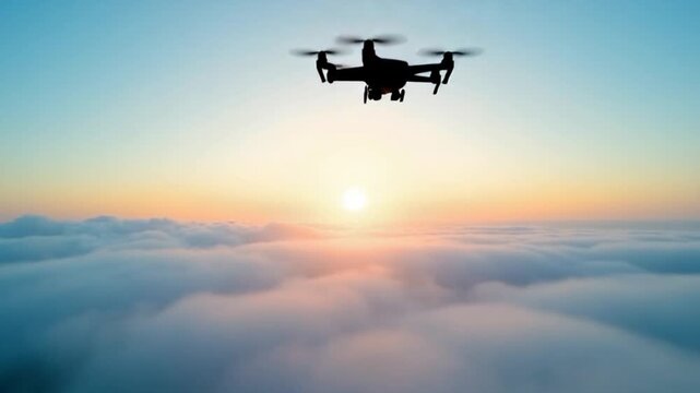 Aerial view. The drone flies over foggy and fluffy clouds. Blue sky sun and sea fog. Abstract aerial nature summer ocean sunset sea and sky background. Vacation, vacation and holiday concept