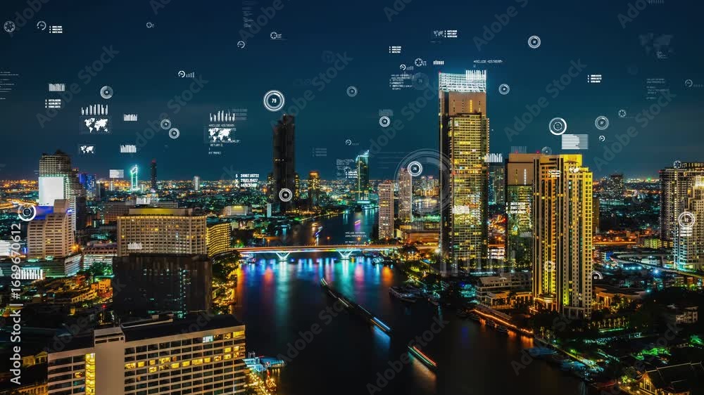 Poster business data analytic interface fly over smart city showing alteration future of business intellige