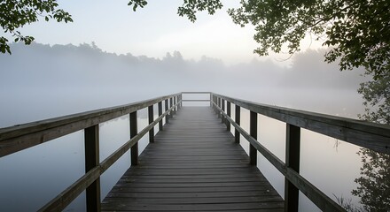 Fototapeta premium Wooden pier on a misty lake at sunrise.