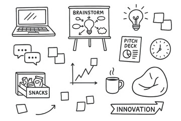 Startup Doodle Icons. Tech startup life: hand drawn doodles of laptops, whiteboards, brainstorming lightbulbs, chat windows, pitch