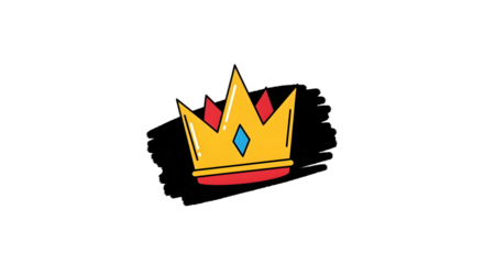 A golden crown with a red band and a blue diamond, set against a black brushstroke, isolated on transparent background a symbol of royalty and power, perfect for designs