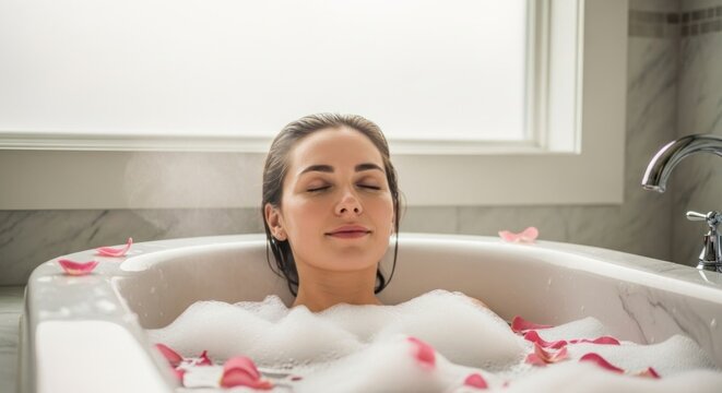 Serene woman relaxing in a luxurious bubble bath with rose petals and closed eyes