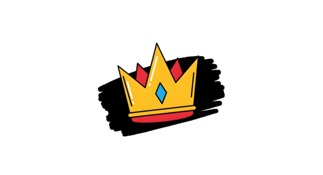 A golden crown with a red band and a blue diamond, set against a black brushstroke, isolated on transparent background a symbol of royalty and power, perfect for designs