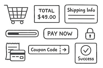E-Commerce Doodle Elements. E-commerce checkout: hand drawn doodles of shopping carts, total amount, shipping info, pay now button