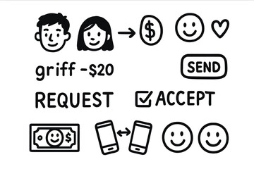 Friendly Payment Doodles. Peer-to-peer payment: hand drawn doodles of friend avatars, dollar sign arrow, emojis, nickname payment,