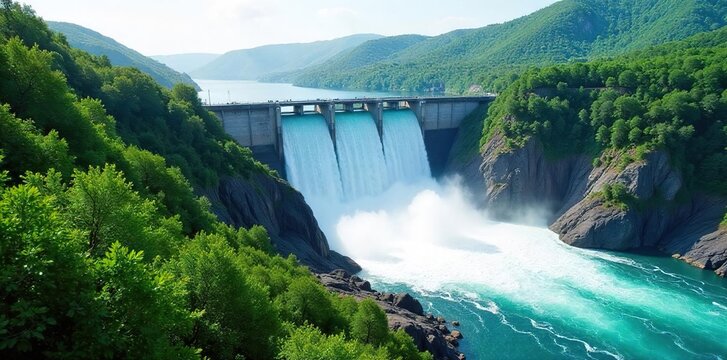 Hydroelectric dam generating clean energy, water flowing powerfully, lush green landscape reflecting sustainable power Environmental responsibility, renewable resource , lake, nature