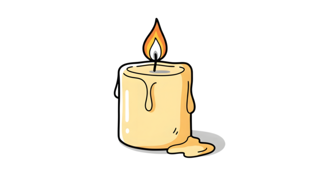 Illustration of a burning candle isolated on transparent background the candle is yellow and has a flame on top there is wax dripping down the sides of the candle - Powered by Adobe