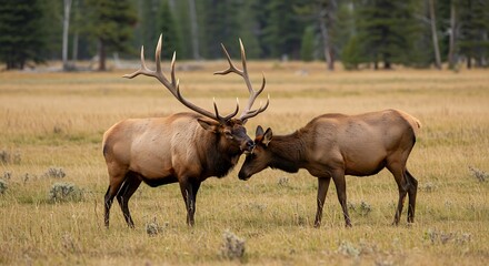 Fototapeta premium Two majestic elk interact in a natural meadow setting.